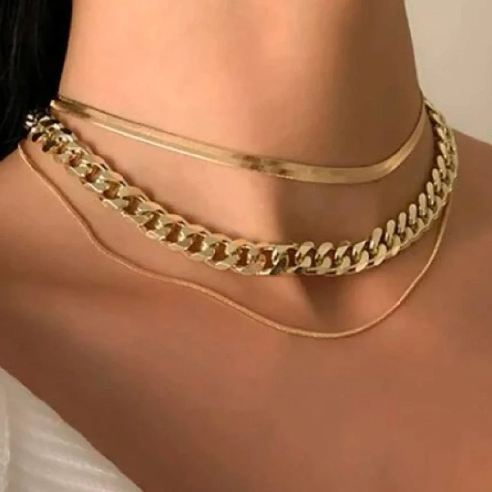 Gold 18K GP Statement 3 Piece Minimalist Necklace Set - Picture 2 of 4